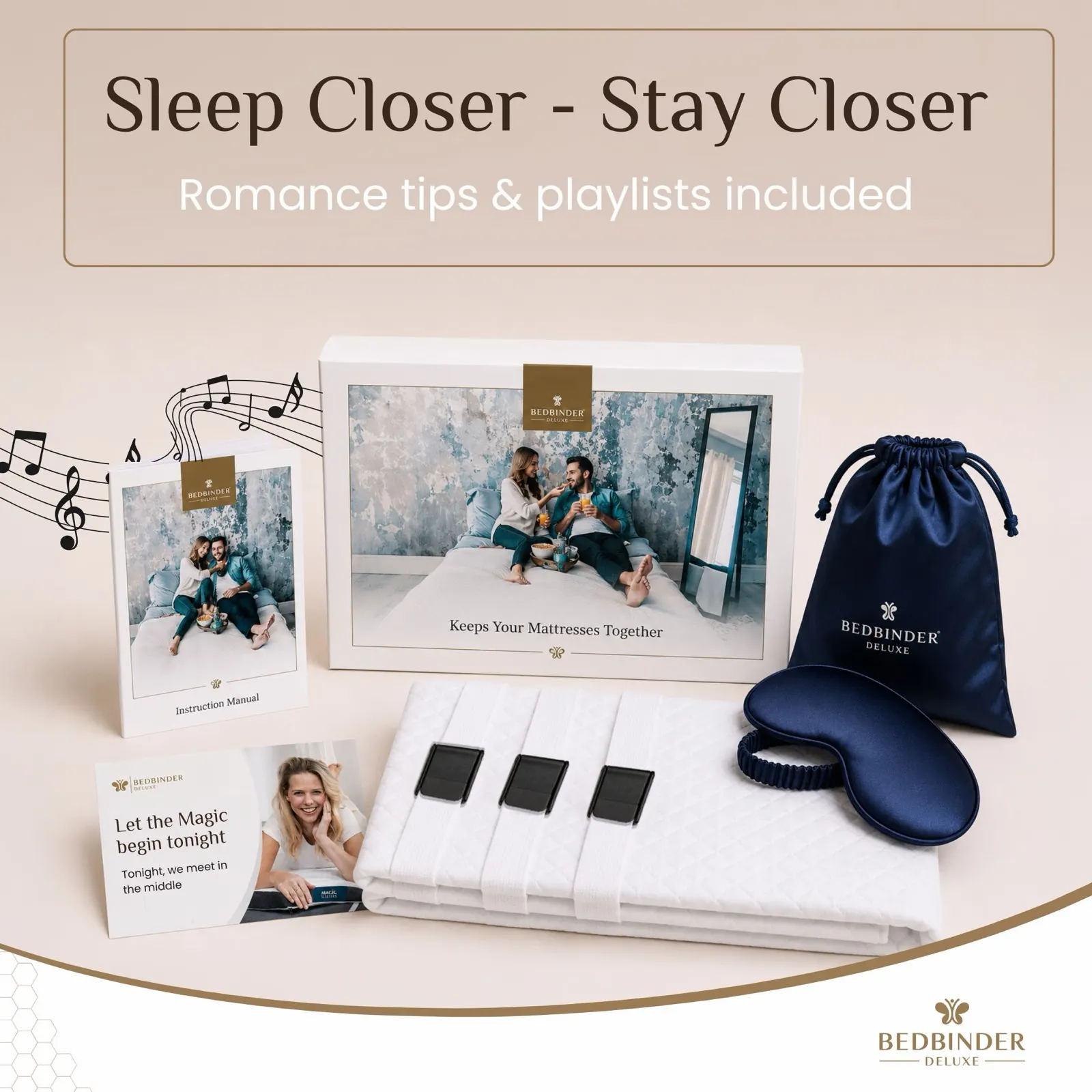 Contents of the Bedbinder Deluxe box: strap system, manual and storage bag