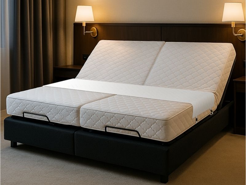 Bedbinder Deluxe op een verstelbaar tweepersoonsbed in een hotelkamer, hoofdeinde omhoog, geen kier zichtbaar