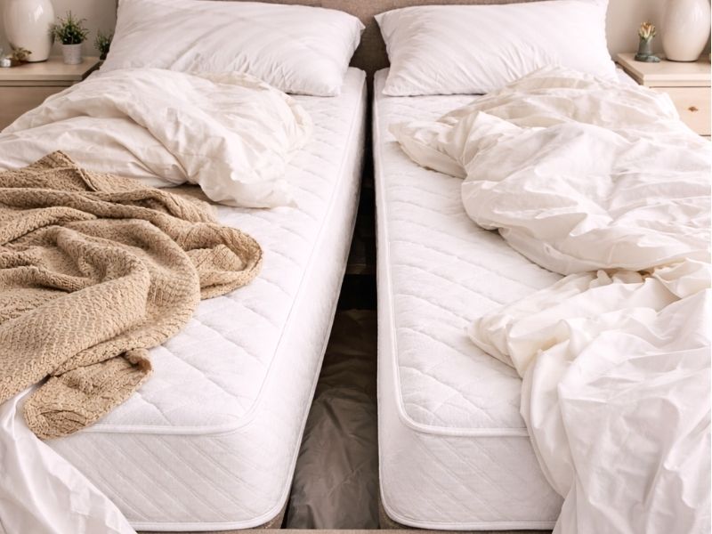 Nahaufnahme der Besucherritze zwischen zwei Matratzen