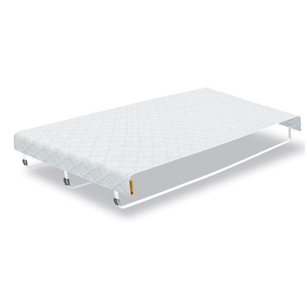 The Bedbinder Deluxe product: a wide strap system that wraps around both mattresses