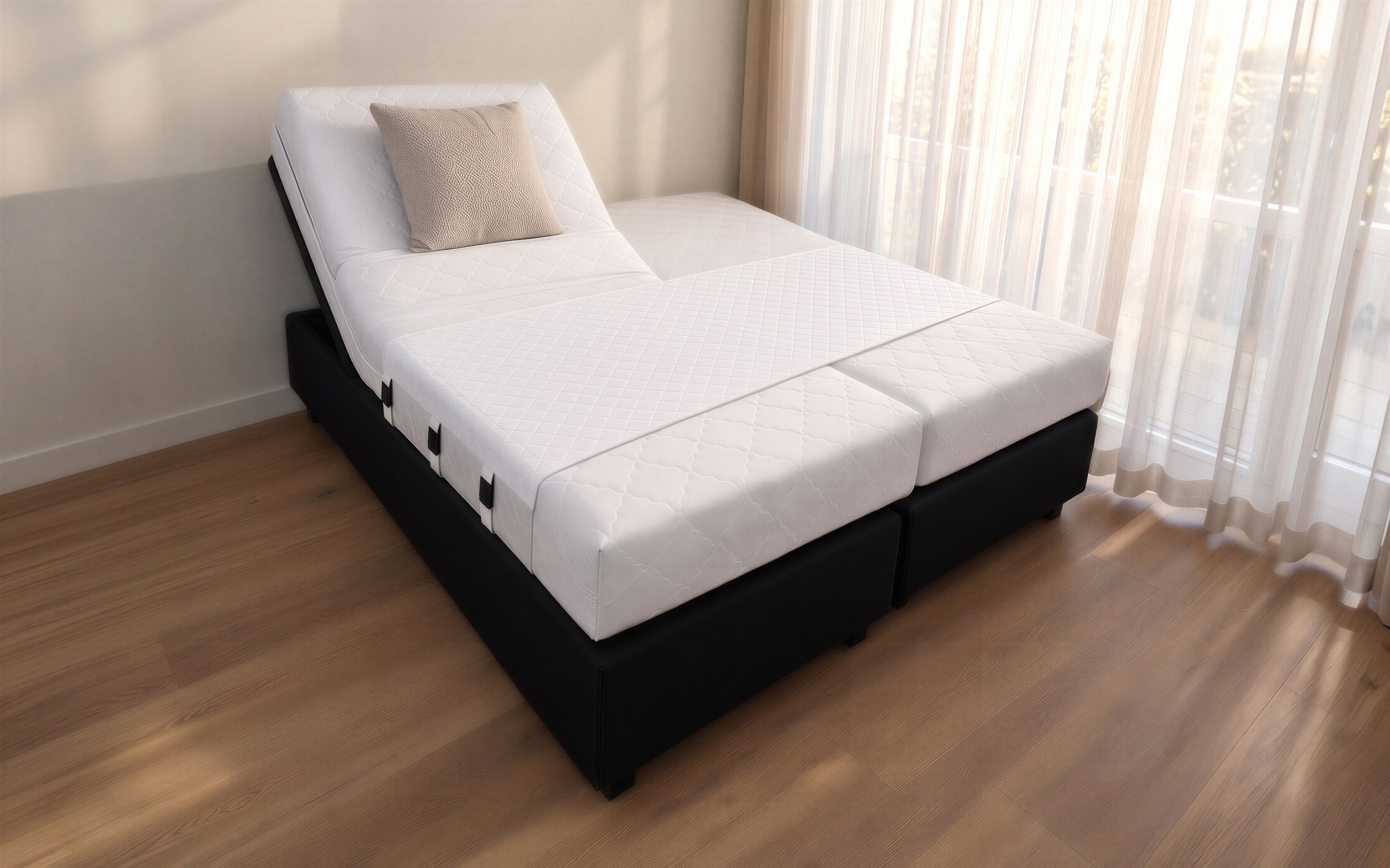 Lit électrique 2 personnes à deux matelas, le Bedbinder posé en travers du milieu