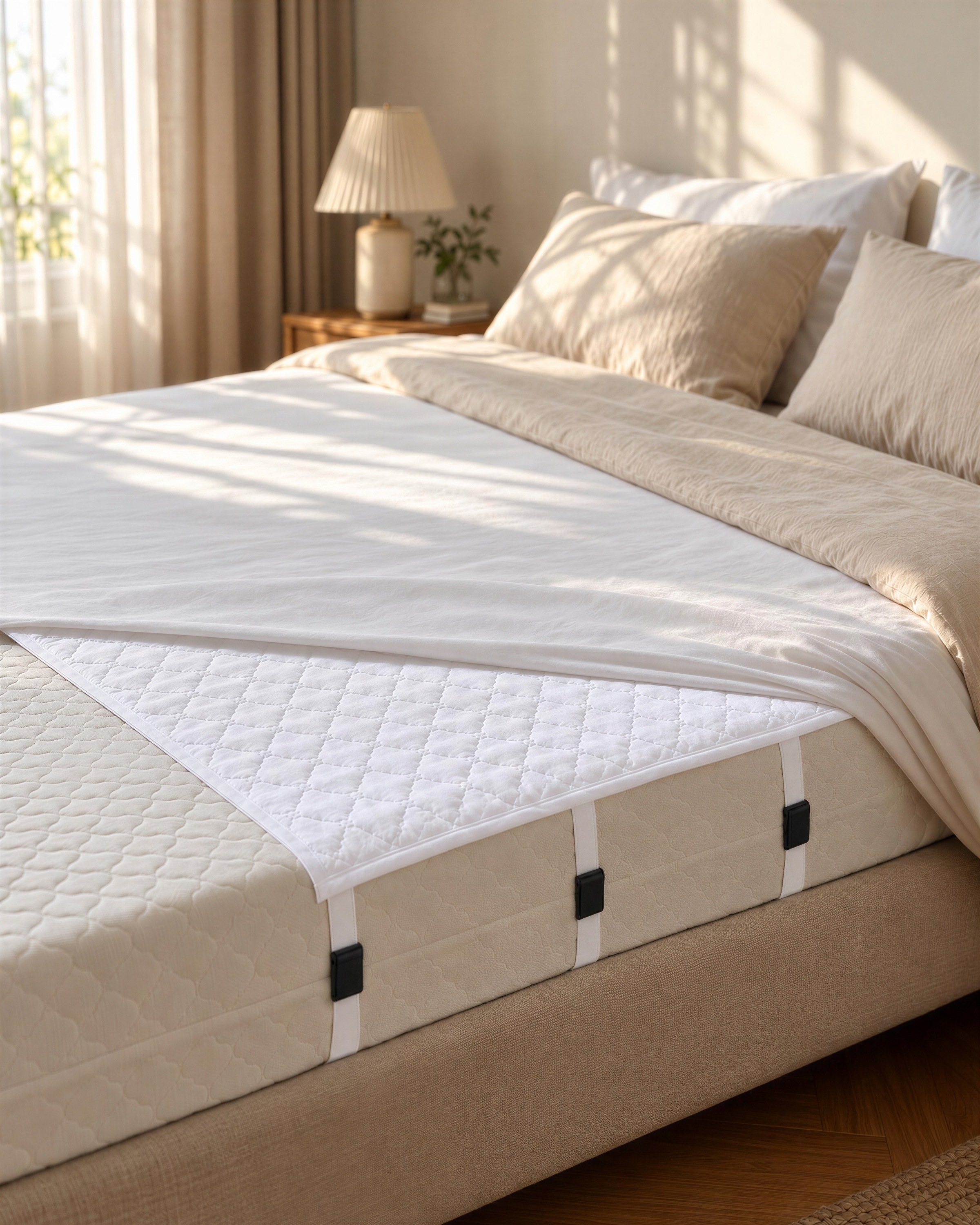 Cama hecha con la sábana doblada hacia atrás: debajo está el unidor blanco con tres correas