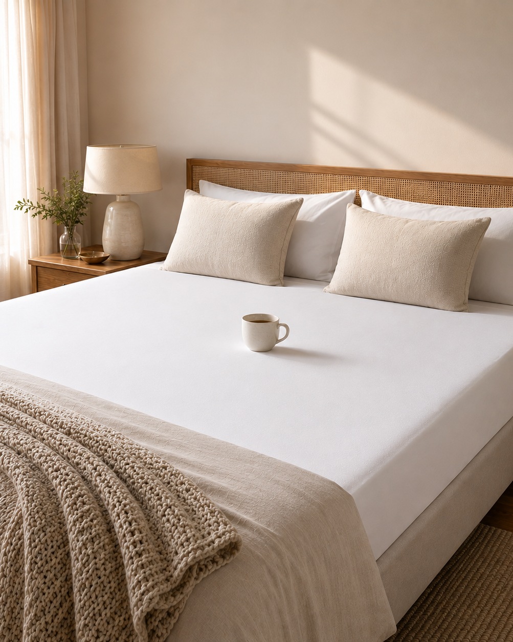 Un letto matrimoniale rifatto nella luce del mattino, senza fessura al centro