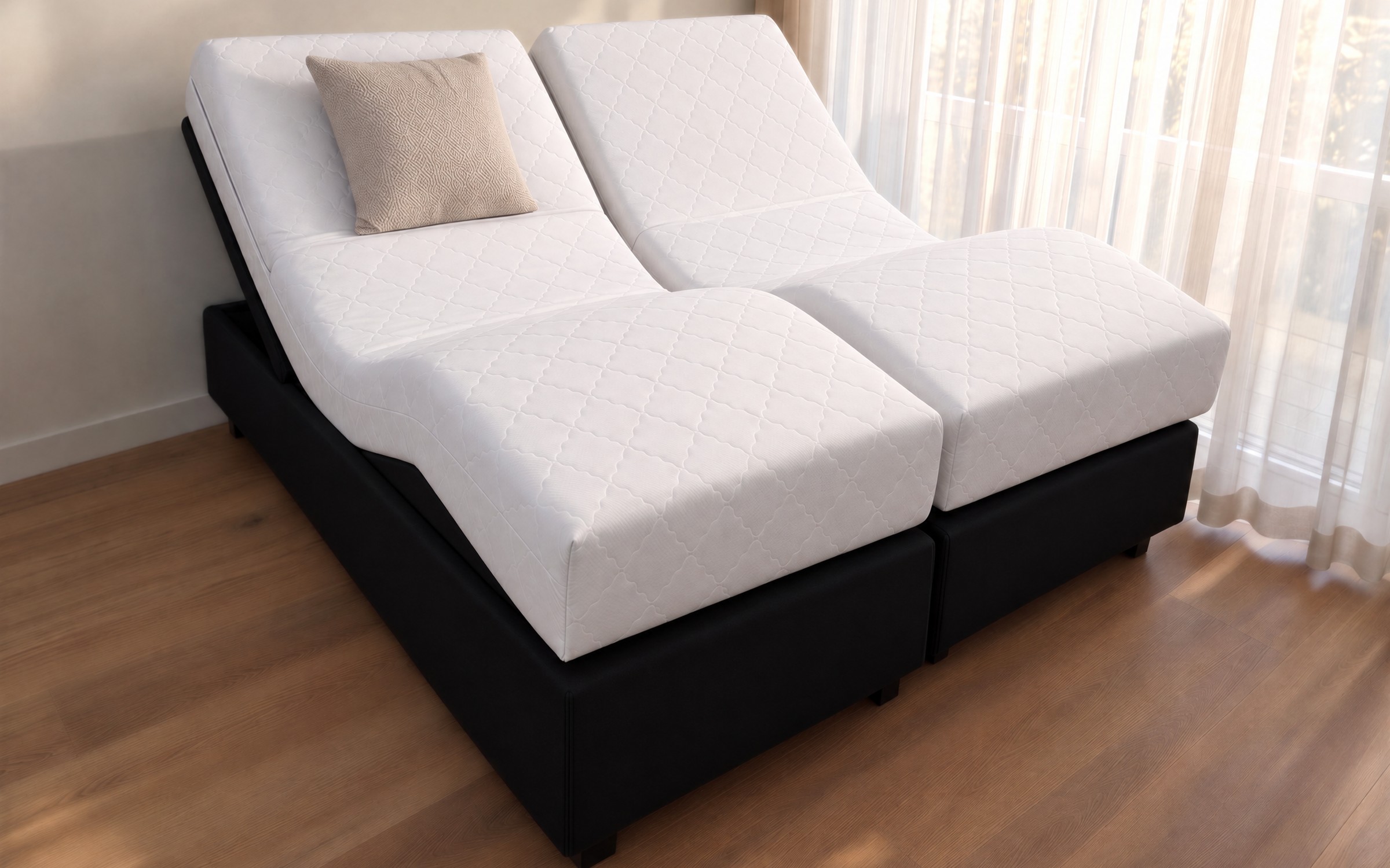 Split king adjustable bed with both head and foot sections raised, without a band