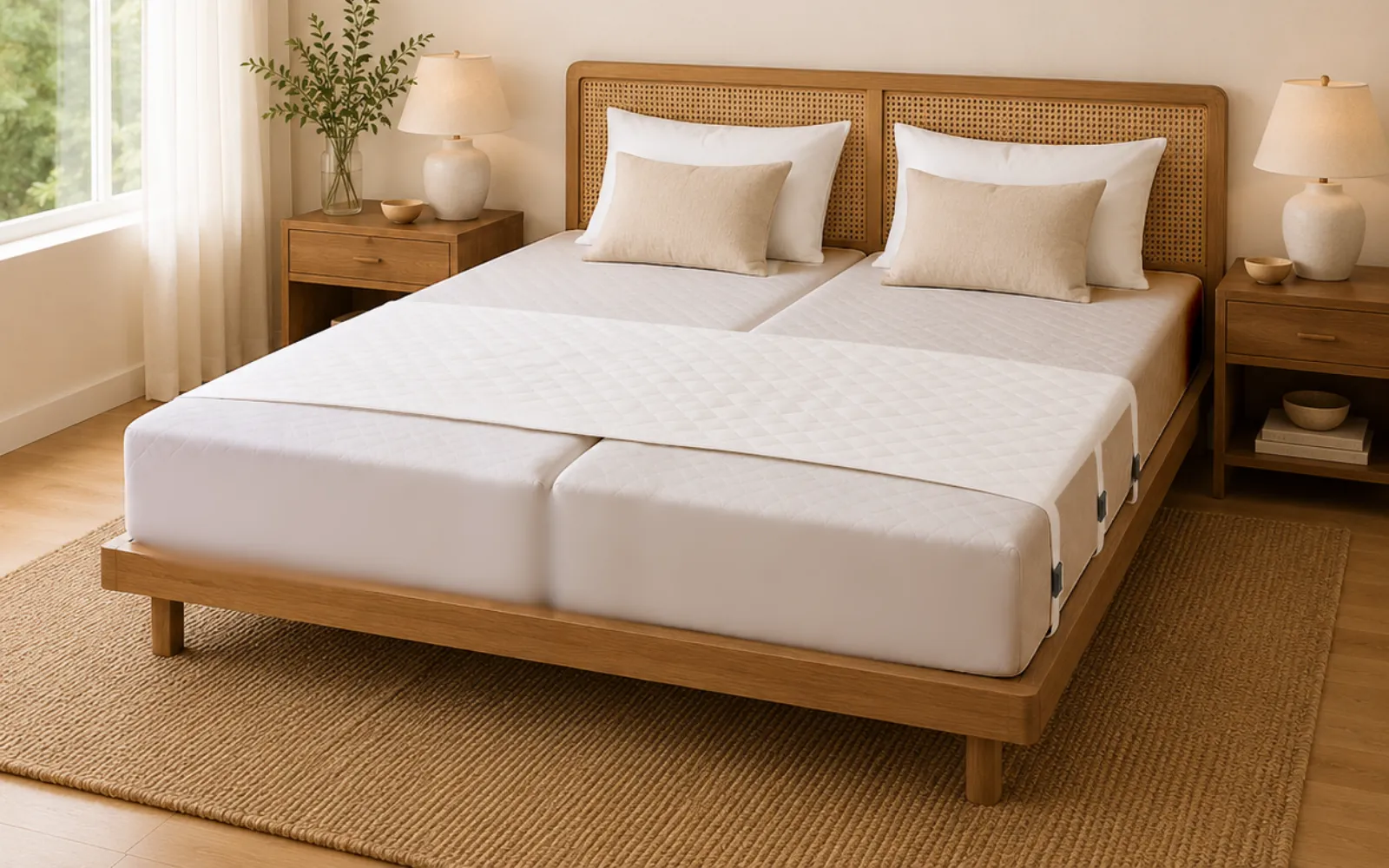 Una cama de matrimonio de madera con dos colchones gemelos y el Bedbinder de lado a lado en el centro