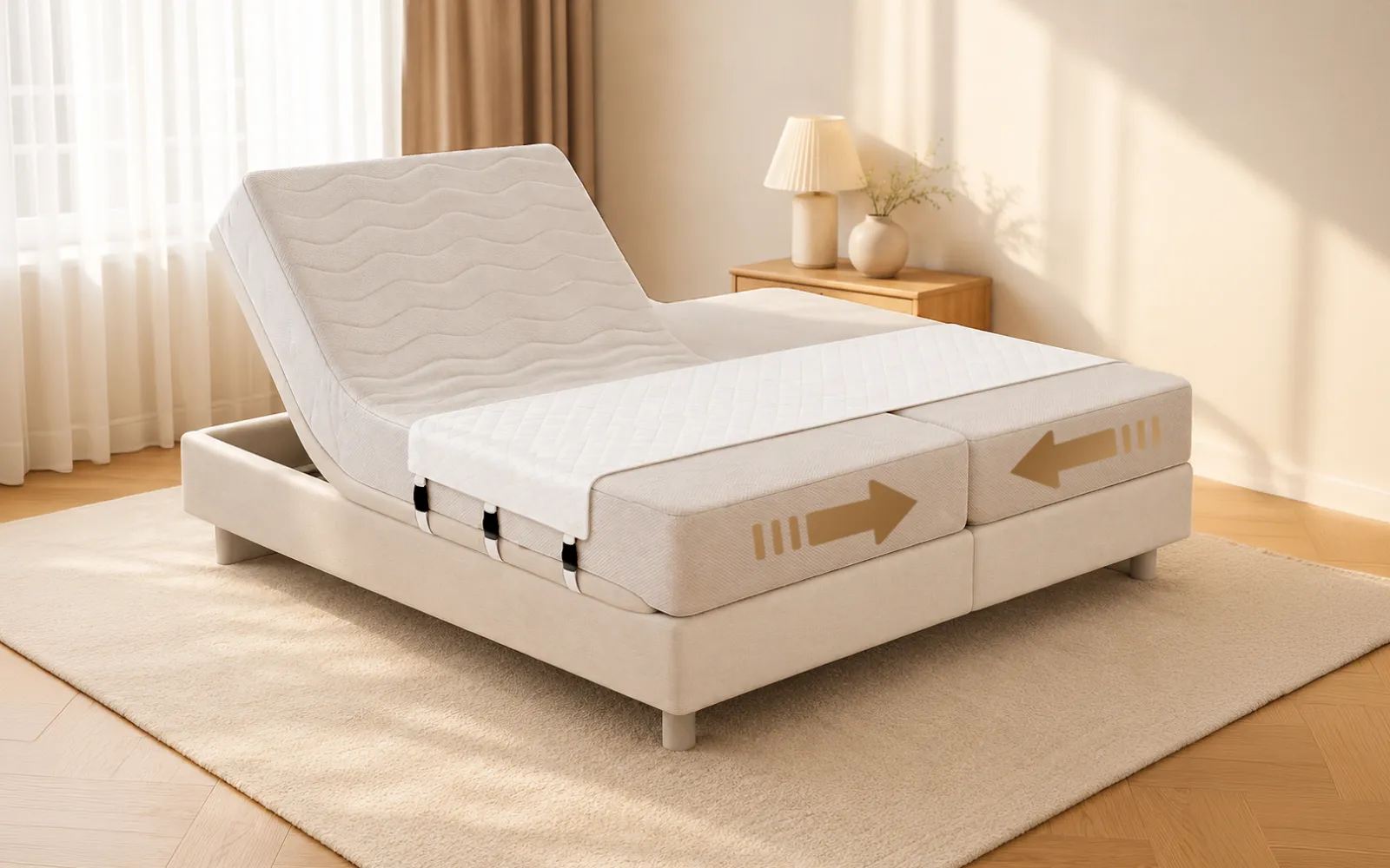 Cama articulada con solo el cabecero elevado y el Bedbinder en la parte plana de los colchones
