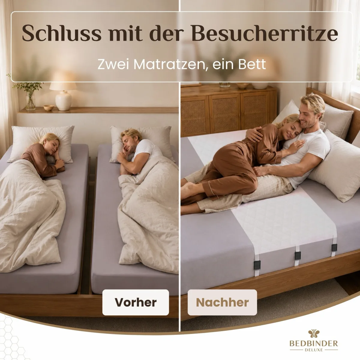 Vorher und nachher: links schlafen beide getrennt, rechts liegt das Paar zusammen in einem Bett