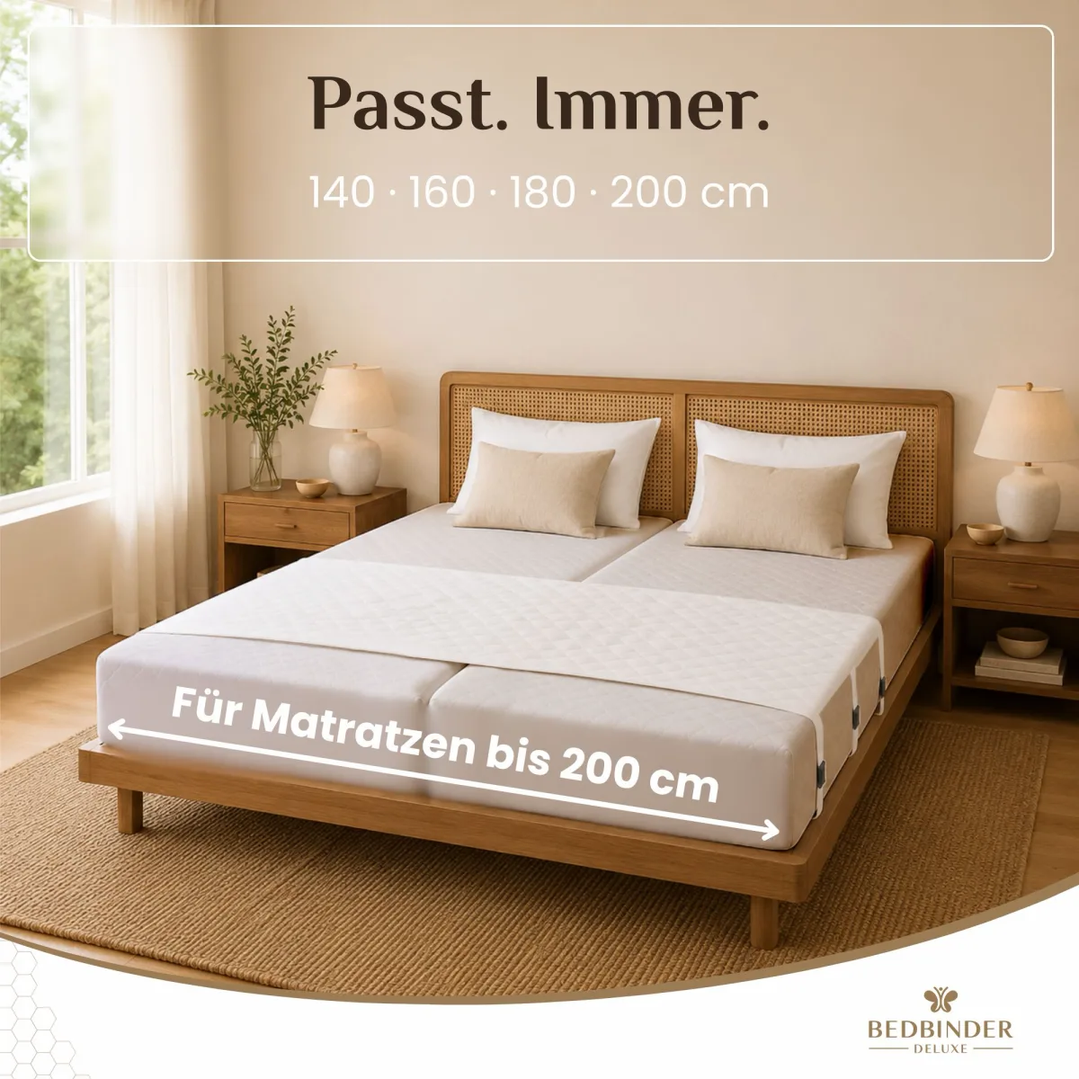 Bett mit Rattankopfteil, Ma&szlig;pfeil f&uuml;r Matratzen bis 200 cm Breite