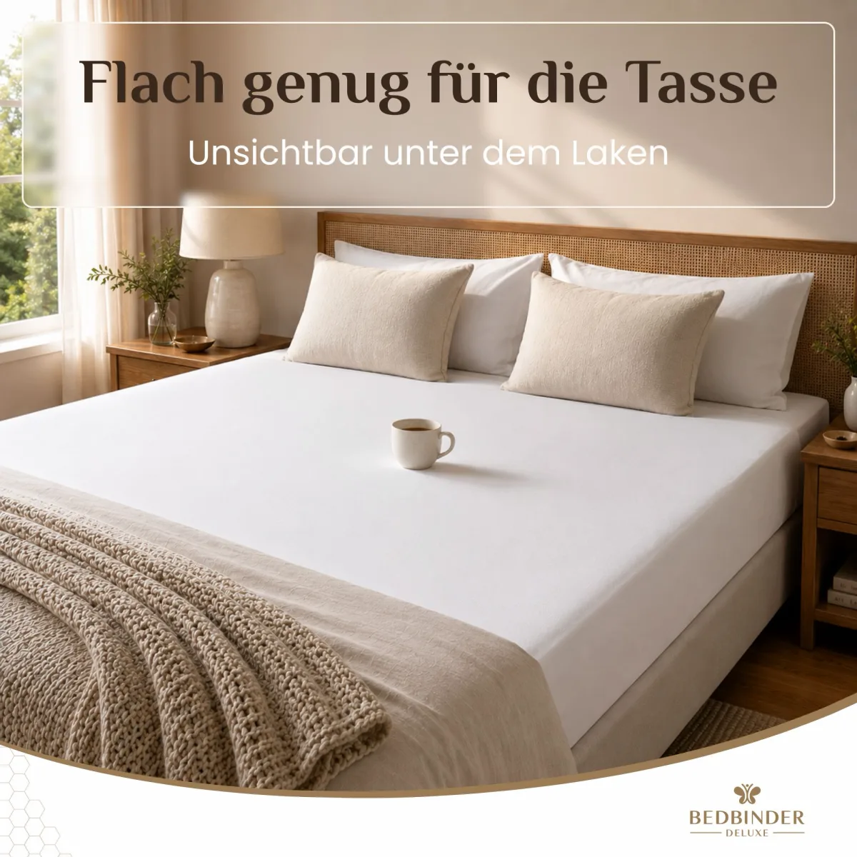 Gemachtes Bett mit einer Tasse Kaffee mittig auf der Matratze, keine Ritze zu sehen