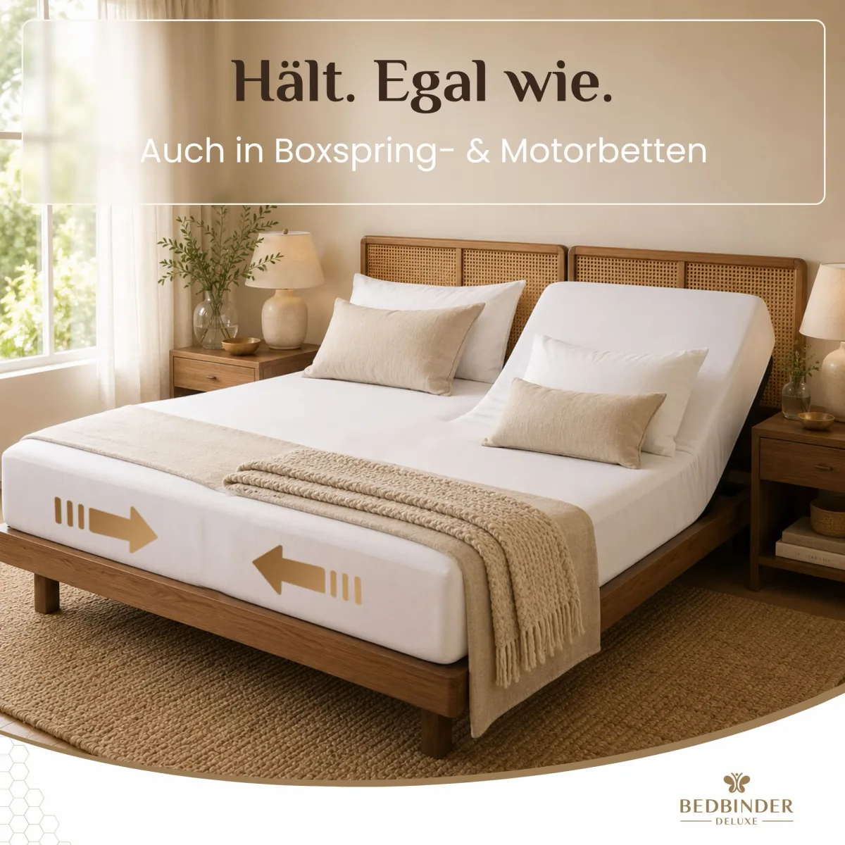 Verstellbares Bett mit angehobenem Kopfteil, goldene Pfeile ziehen beide Matratzen zusammen