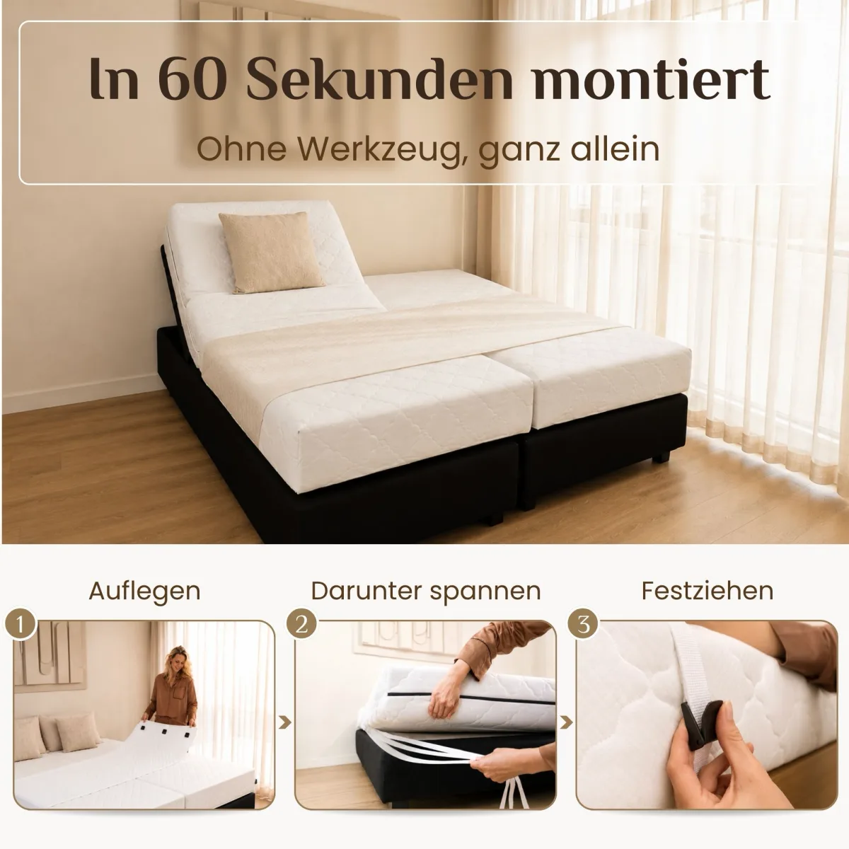 Verstellbares Boxspringbett mit angehobenem Kopfteil, dazu drei nummerierte Montageschritte: auflegen, spannen, einklicken