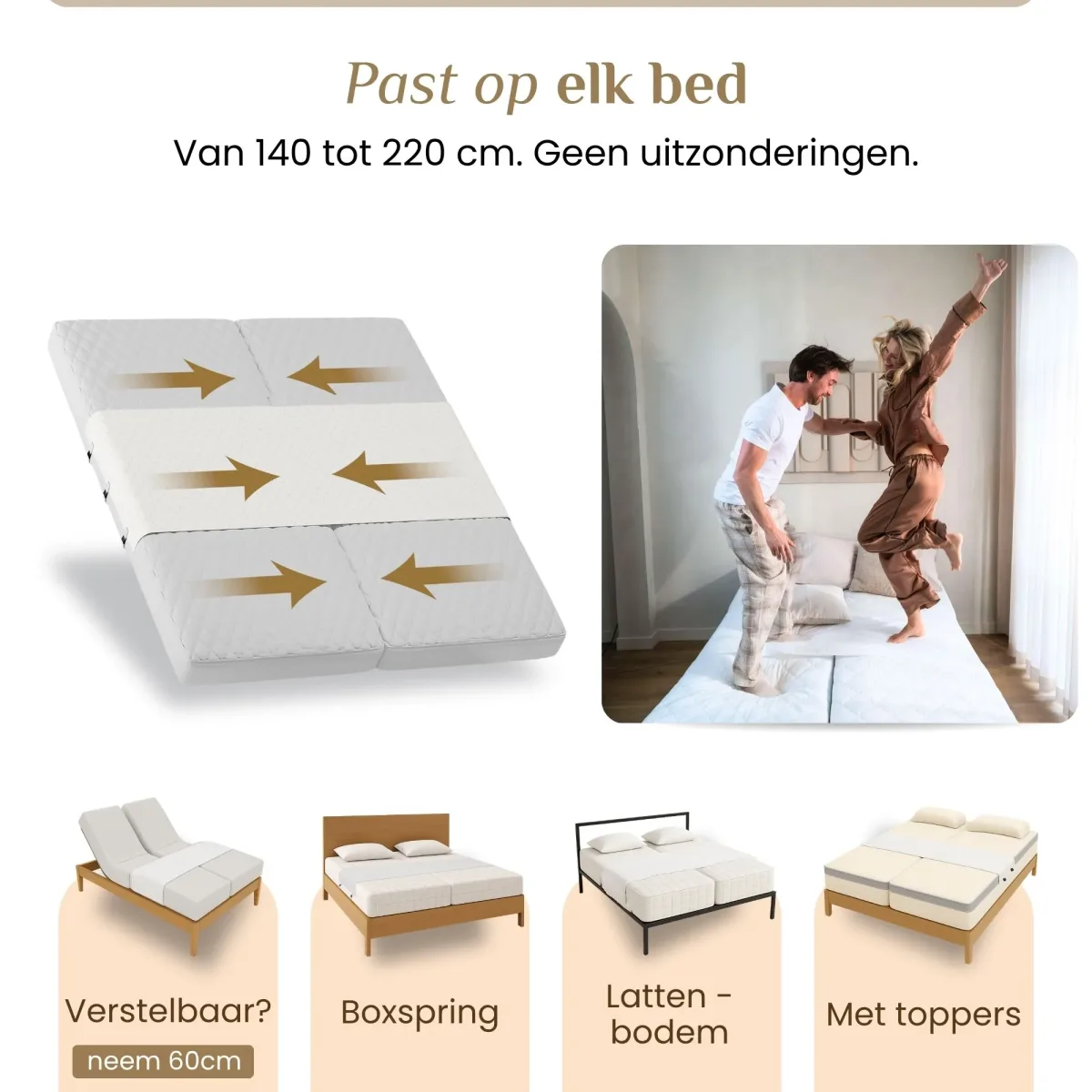Past op elk bedtype, stel springt vrolijk op het bed