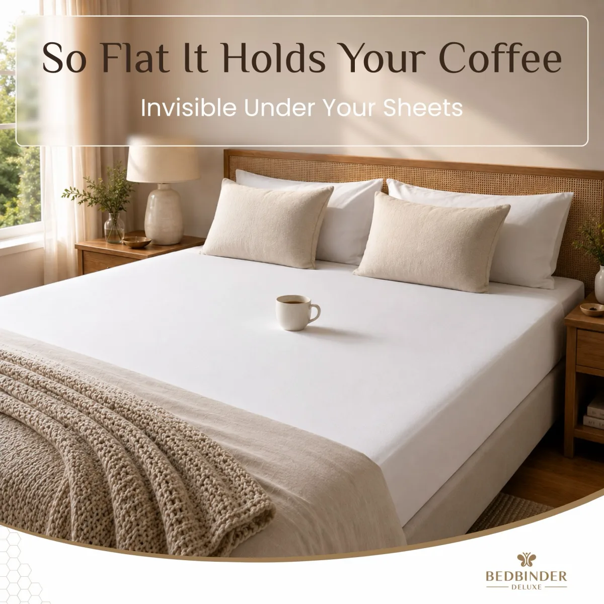 Made-up bed with a coffee cup standing in the middle, no gap in sight