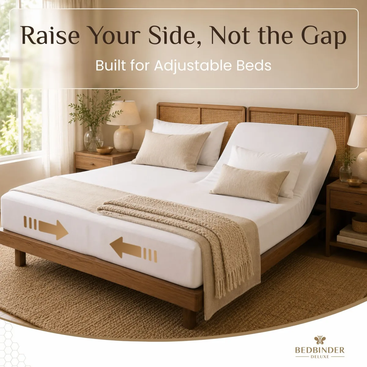 Adjustable bed with the head end raised, gold arrows pulling both mattresses together