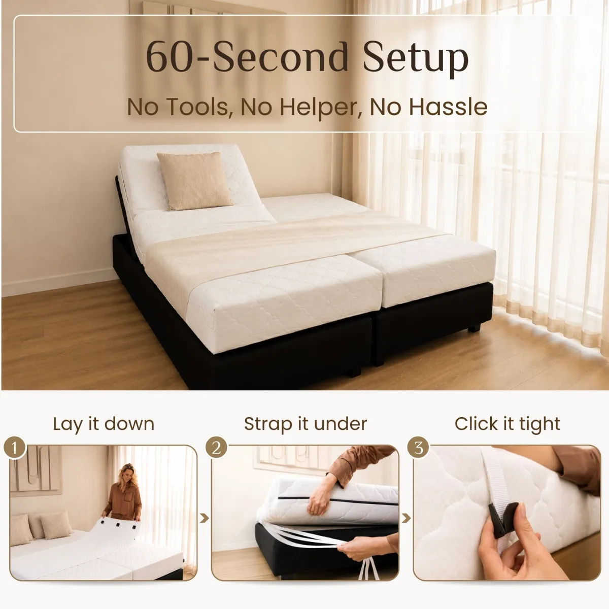 Adjustable boxspring bed with the head end raised, plus three numbered setup steps: lay, pull, click