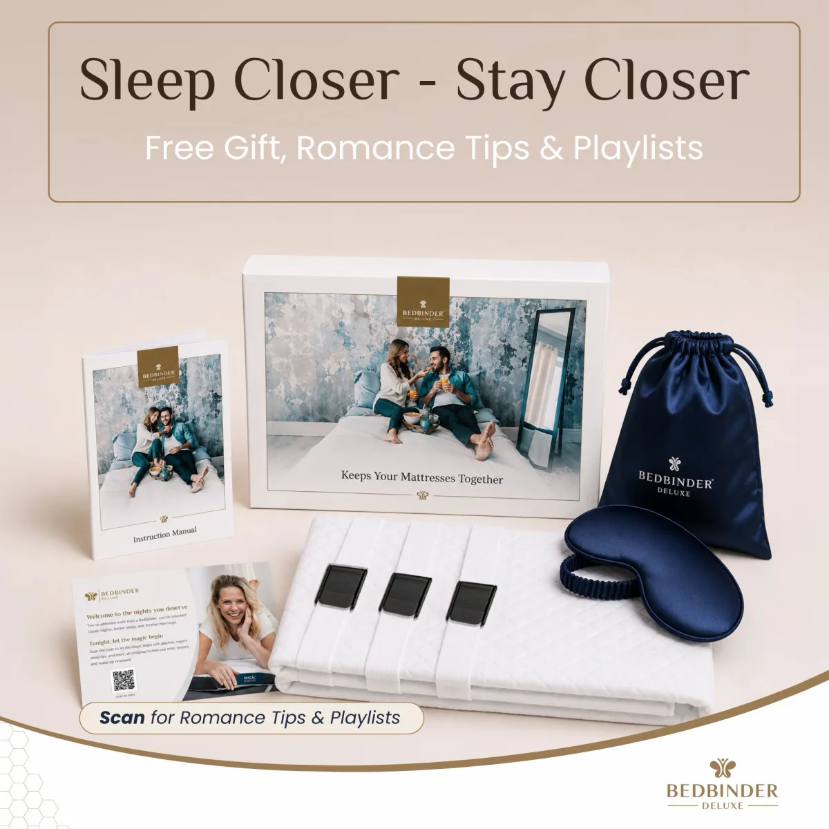 Gift set unpacked: box, manual, satin pouch, sleep mask and the Bedbinder Deluxe