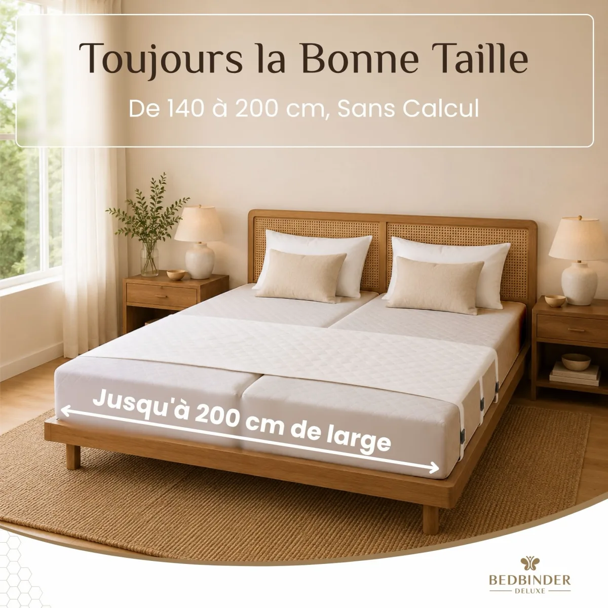 Lit &agrave; t&ecirc;te de lit en rotin, fl&egrave;che indiquant des matelas jusqu'&agrave; 200 cm de large