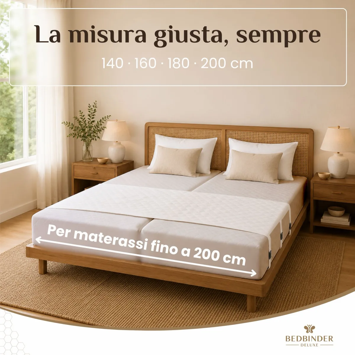 Letto con testiera in rattan e freccia che indica materassi fino a 200 cm di larghezza