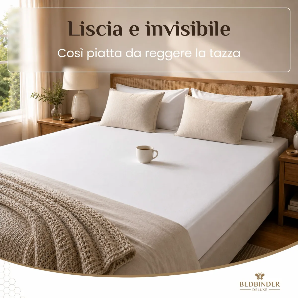Letto rifatto con una tazza di caff&egrave; al centro, nessuna fessura visibile