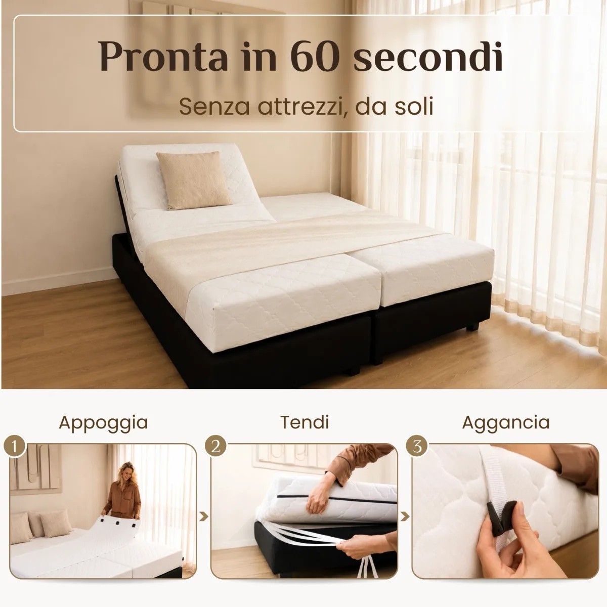 Letto boxspring regolabile con testiera alzata, e tre passaggi numerati: appoggia, tendi, aggancia
