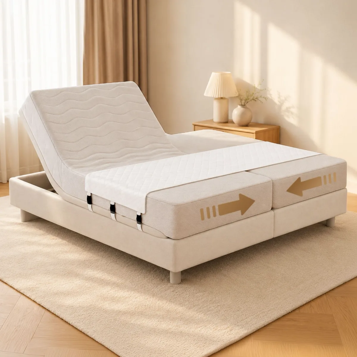 Letto regolabile color crema con frecce dorate che uniscono i materassi
