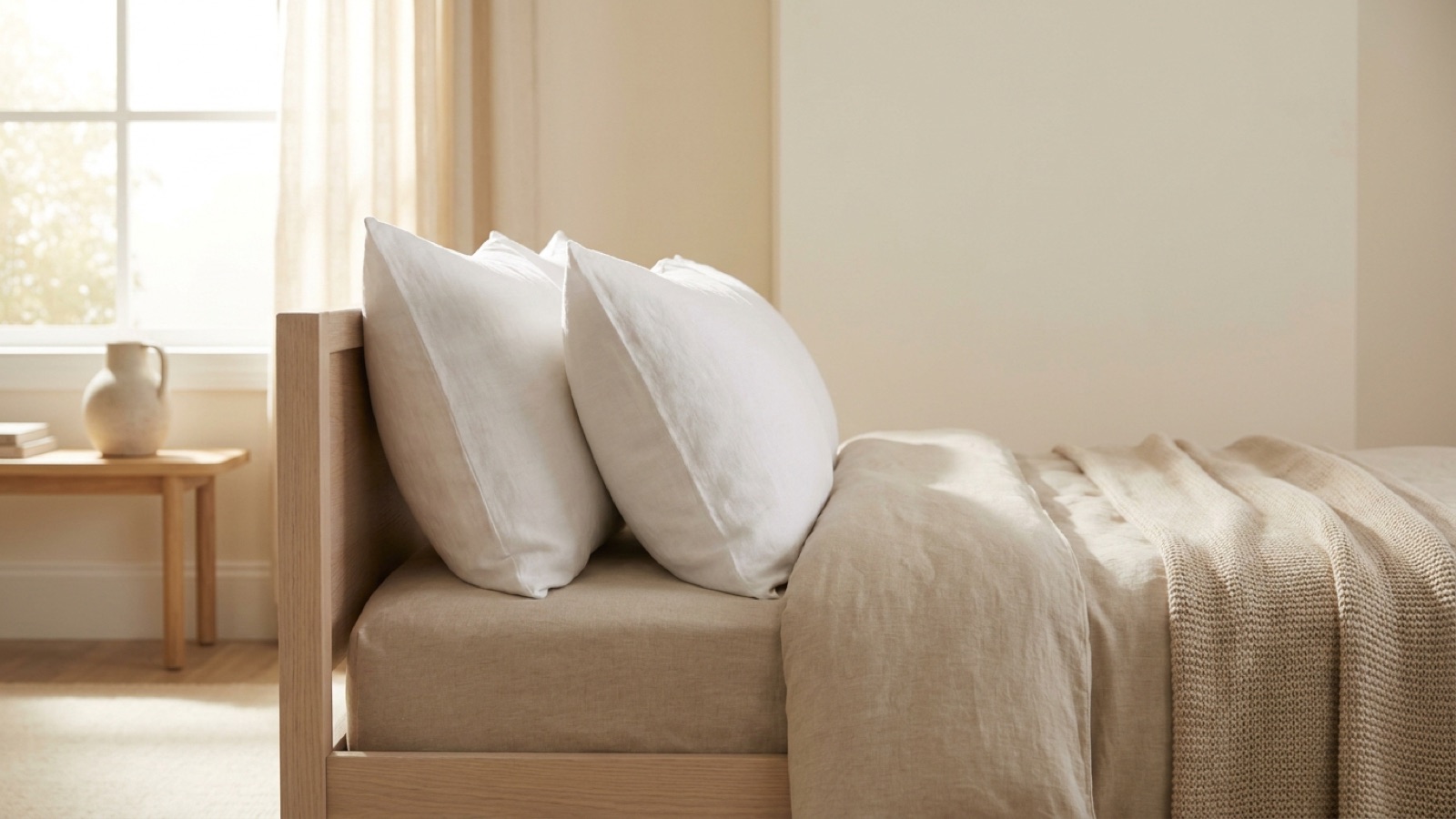 Zwei frisch gewaschene wei&szlig;e Kopfkissen aufrecht an einem Holzbett, Morgenlicht vom Fenster, ruhiges Schlafzimmer in Beige und heller Eiche