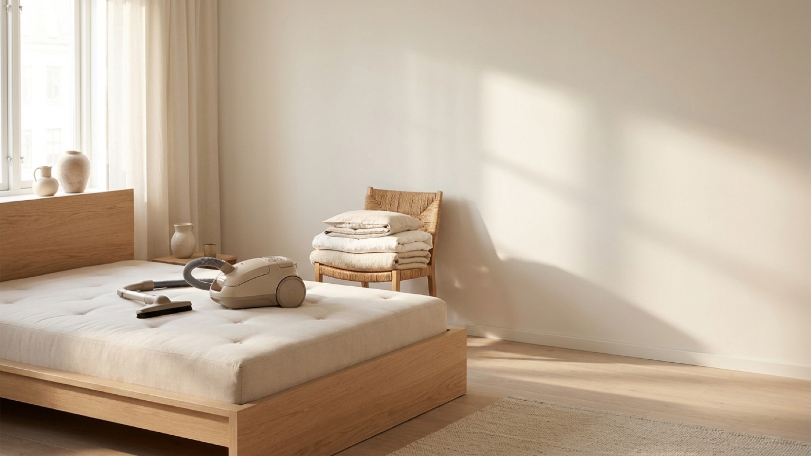 Abgezogene Matratze auf einem Holzbett, die Bettw&auml;sche gefaltet auf einem Stuhl daneben, ein Staubsauger mit Polsterd&uuml;se auf der Matratze
