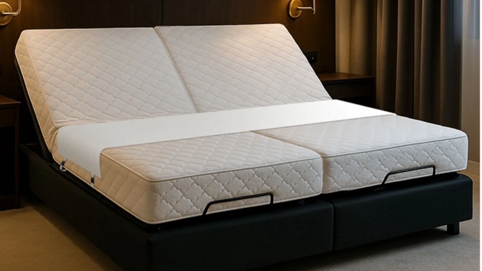 Verstelbaar bed met twee matrassen en beide hoofdeinden omhoog, de witte Bedbinder dwars over het vlakke deel
