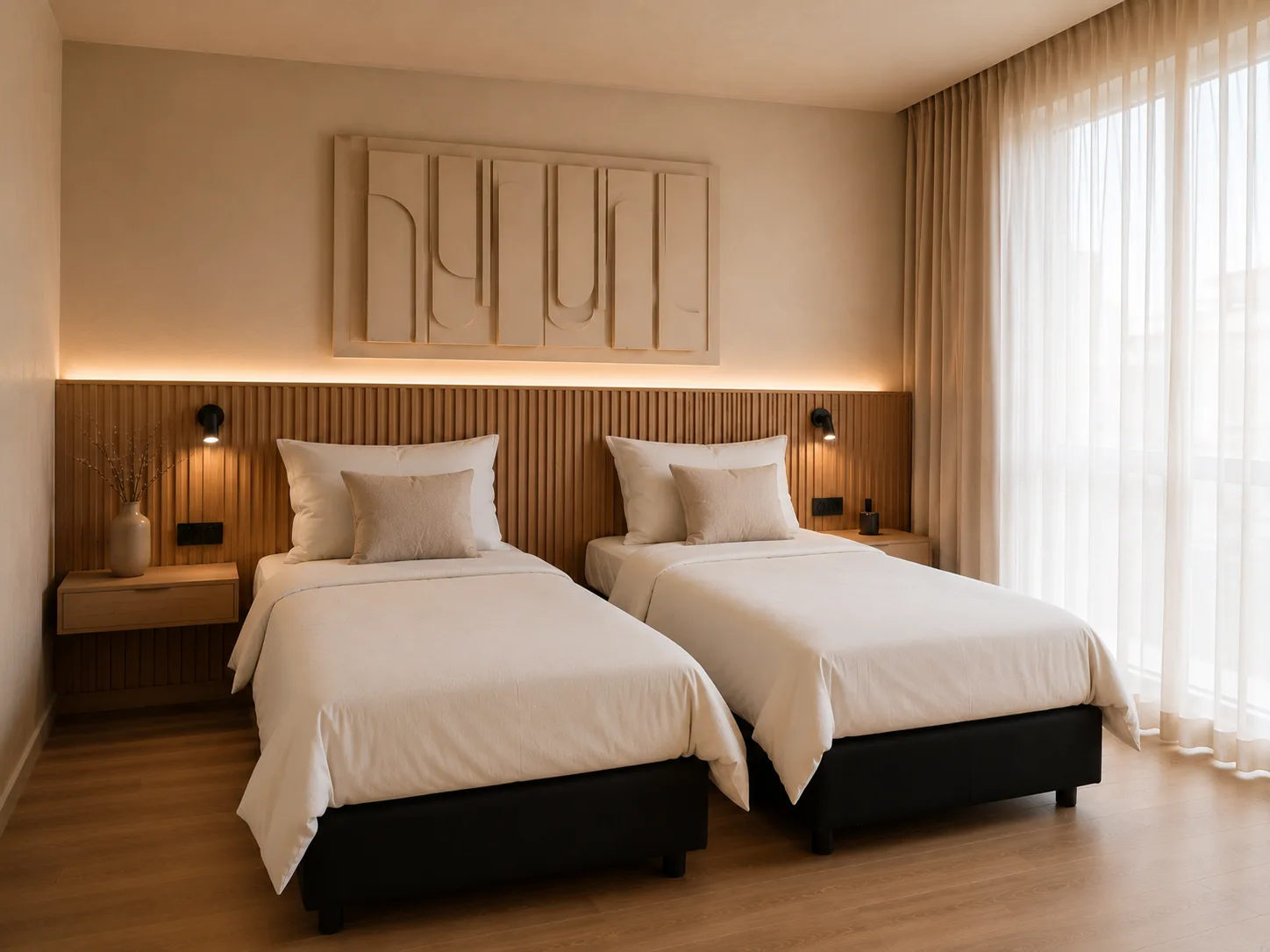 Hotelkamer met twee losse eenpersoonsbedden naast elkaar