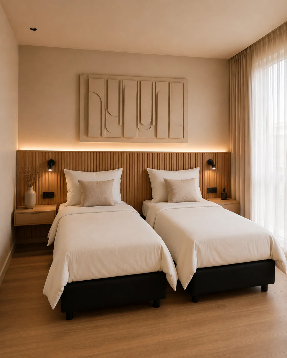 Hotelkamer met twee losse eenpersoonsbedden