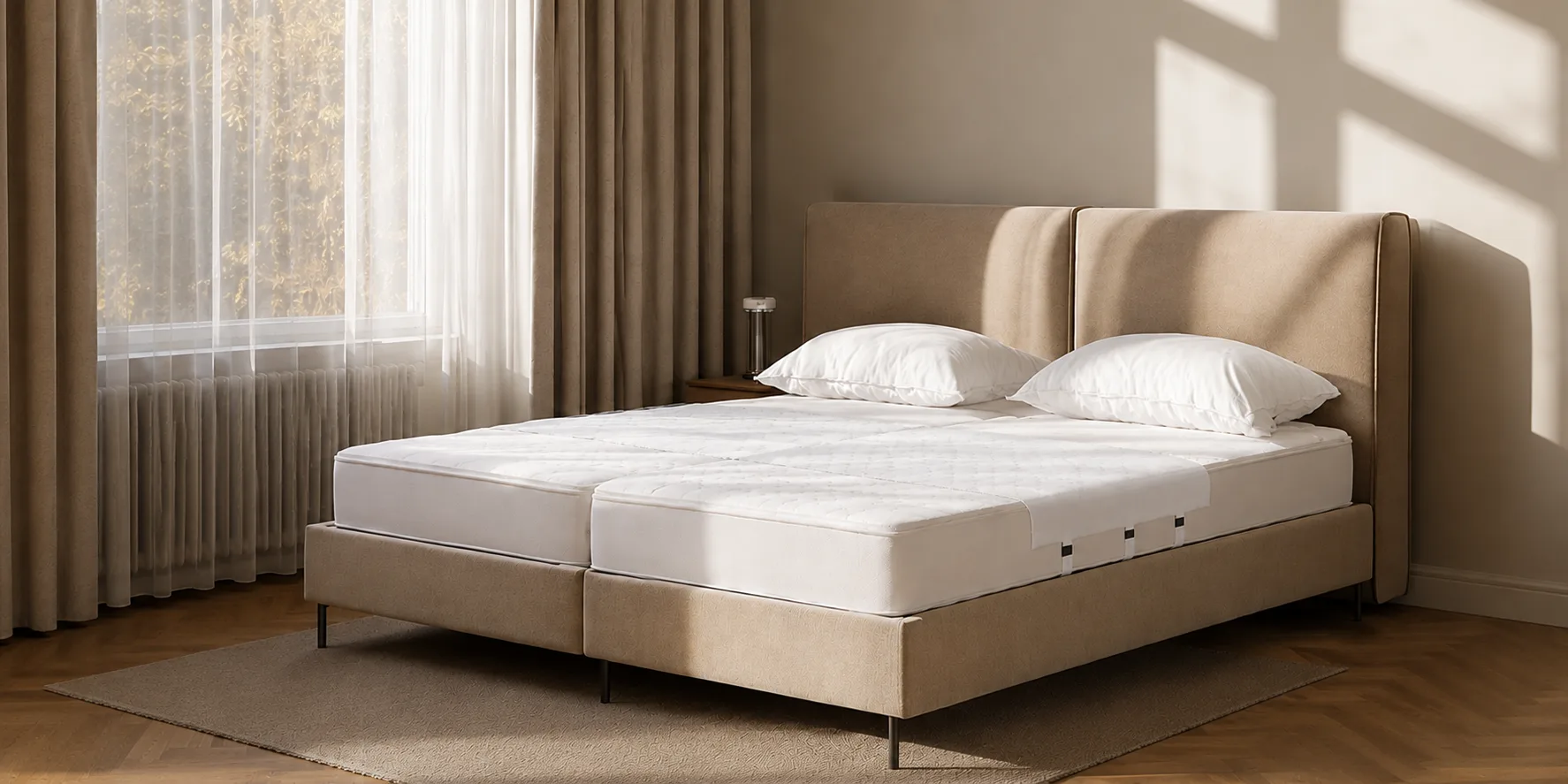 Boxspring met twee matrassen die door de Bedbinder-band tegen elkaar staan