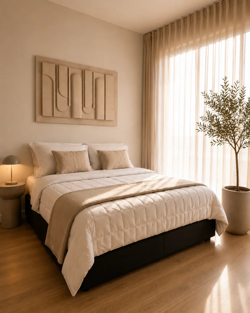 Rustige slaapkamer met een strak opgemaakt bed in warm licht