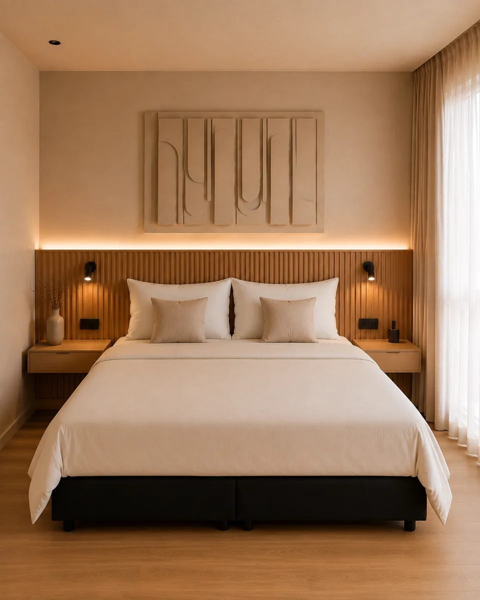 Hotel room with two twin beds pushed together and made up as one bed