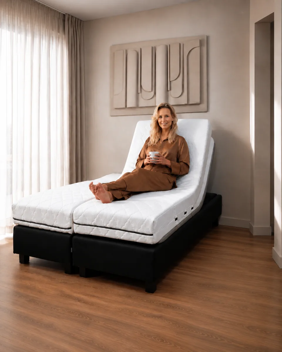 Vrouw drinkt koffie op een verstelbaar bed met de Bedbinder Deluxe