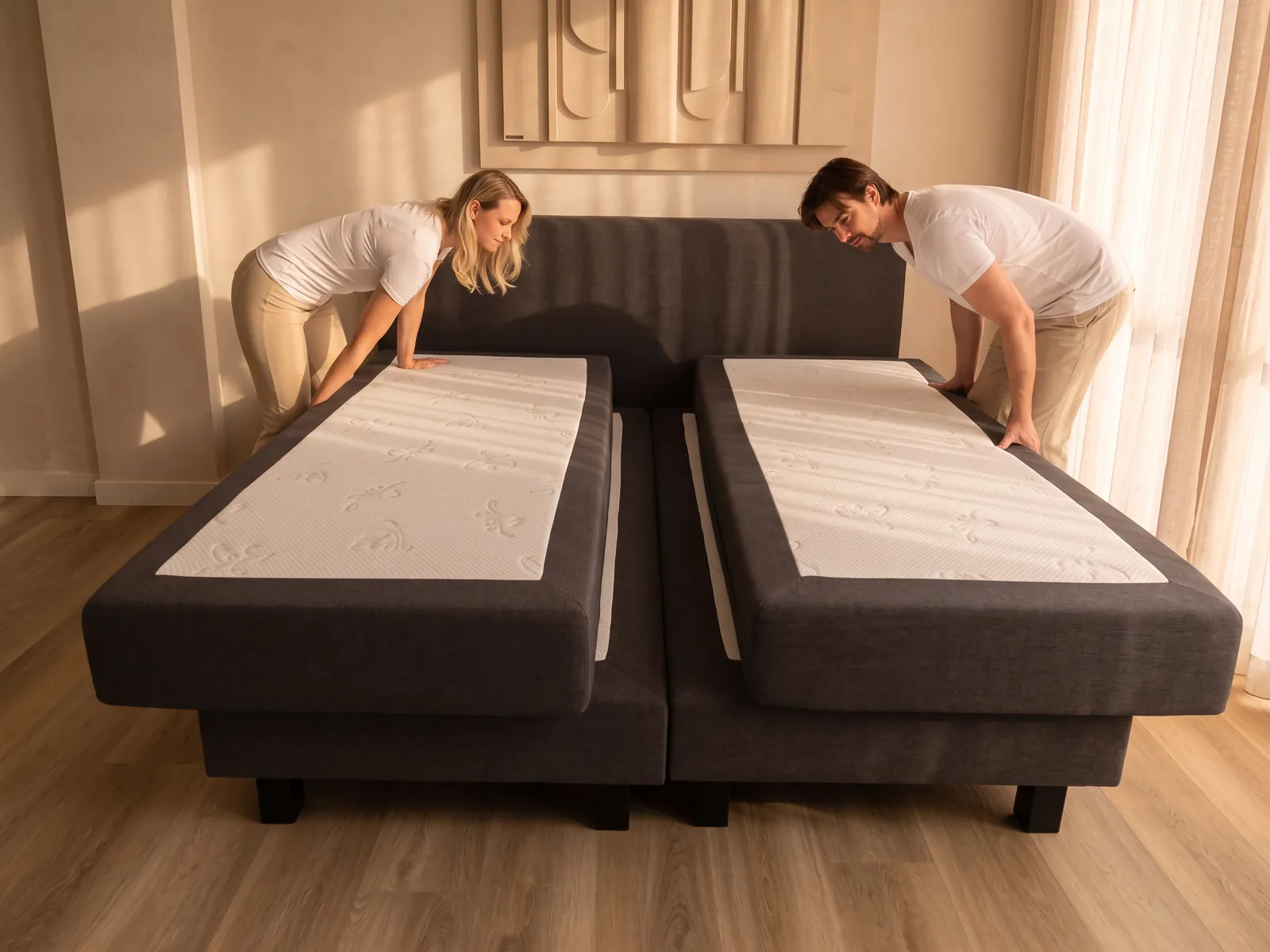Un couple repousse deux matelas l’un contre l’autre sur un sommier, avec un écart entre les deux