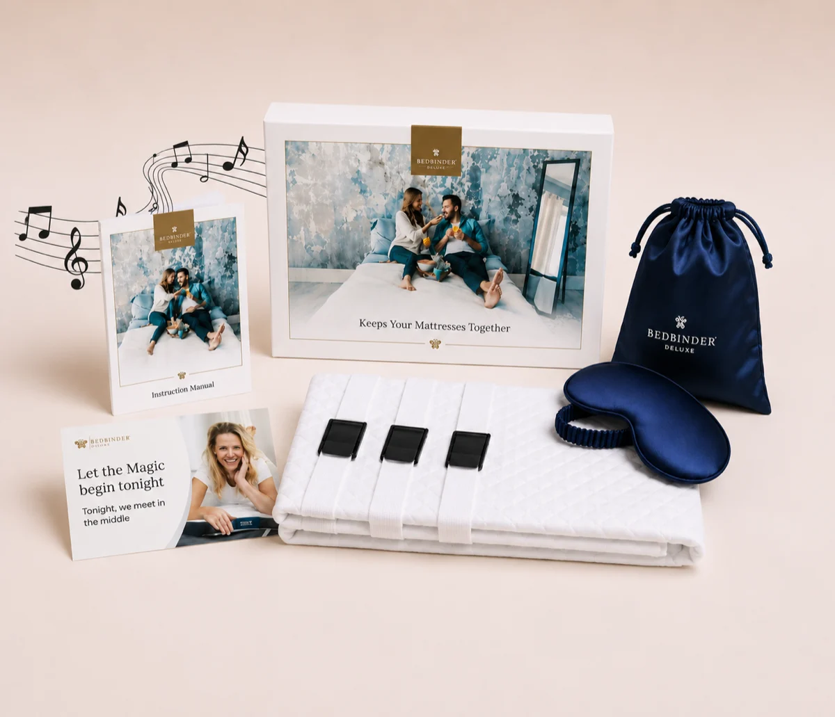 Die komplette Bedbinder Deluxe: Box, Gurt mit drei Schnallen, Anleitung, Schlafmaske und Satinbeutel